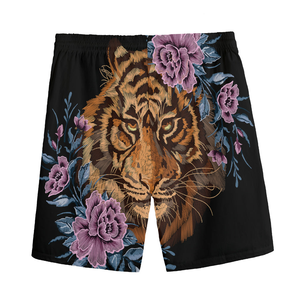 Embroidery Tiger And Flower Print Men's Sports Shorts