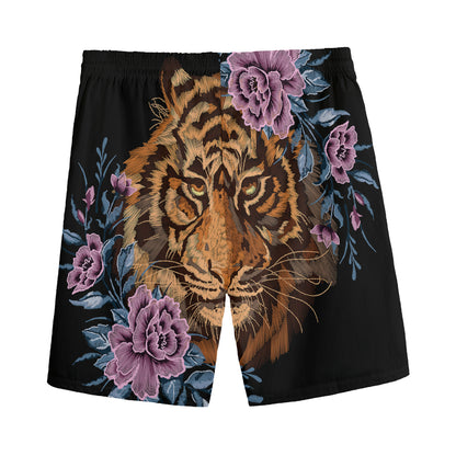 Embroidery Tiger And Flower Print Men's Sports Shorts