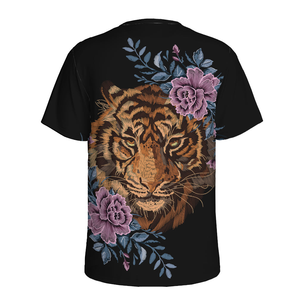 Embroidery Tiger And Flower Print Men's Sports T-Shirt