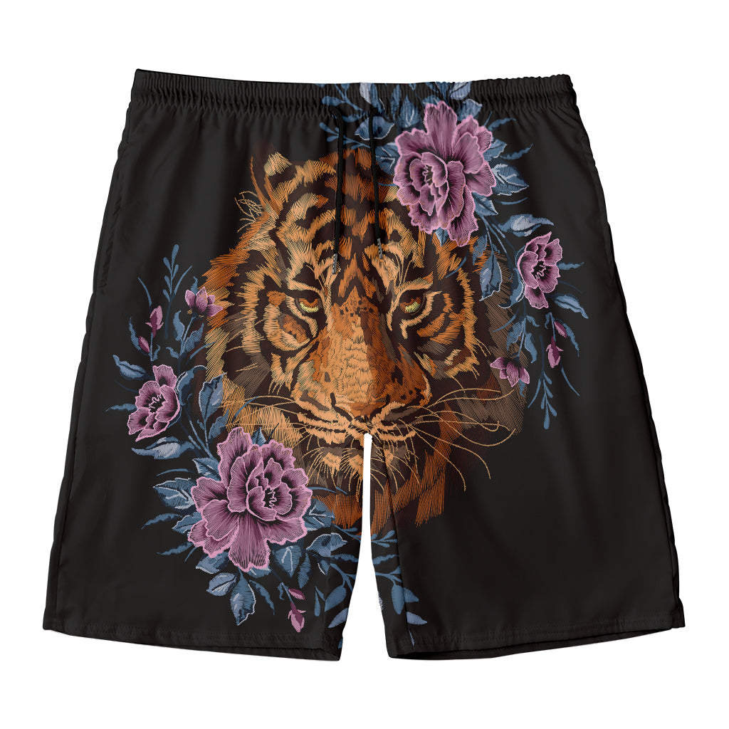 Embroidery Tiger And Flower Print Men's Swim Trunks