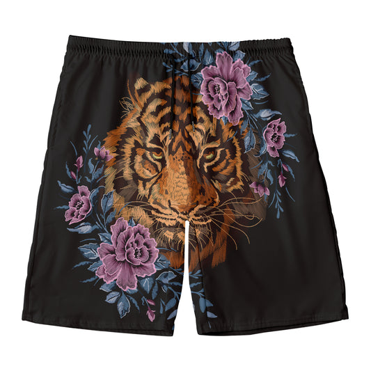 Embroidery Tiger And Flower Print Men's Swim Trunks