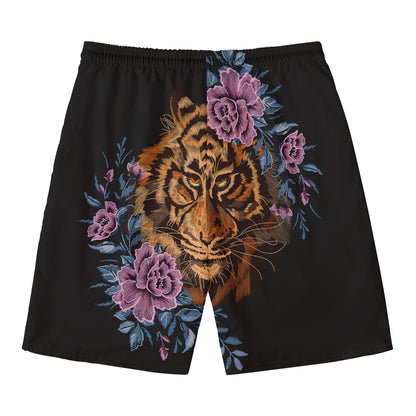 Embroidery Tiger And Flower Print Men's Swim Trunks