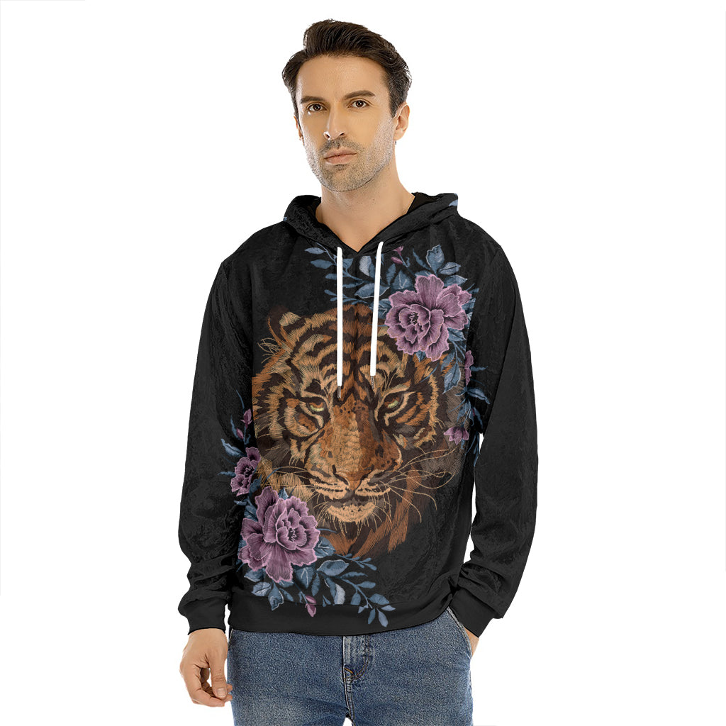 Embroidery Tiger And Flower Print Men's Velvet Pullover Hoodie
