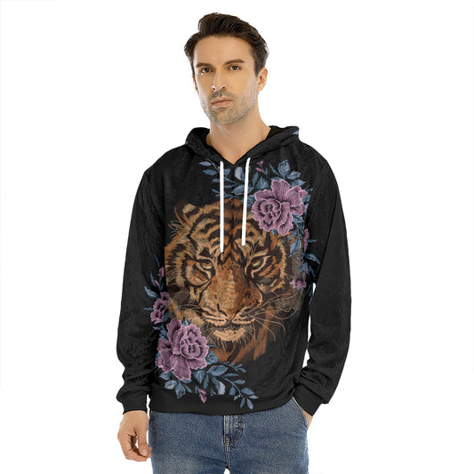 Embroidery Tiger And Flower Print Men's Velvet Pullover Hoodie