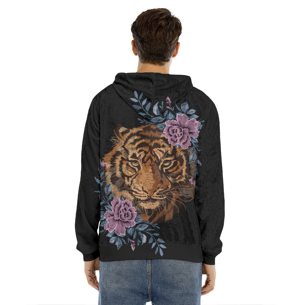Embroidery Tiger And Flower Print Men's Velvet Pullover Hoodie