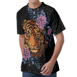 Embroidery Tiger And Flower Print Men's Velvet T-Shirt