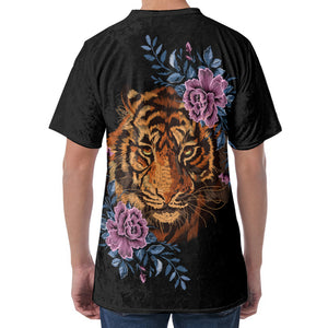 Embroidery Tiger And Flower Print Men's Velvet T-Shirt