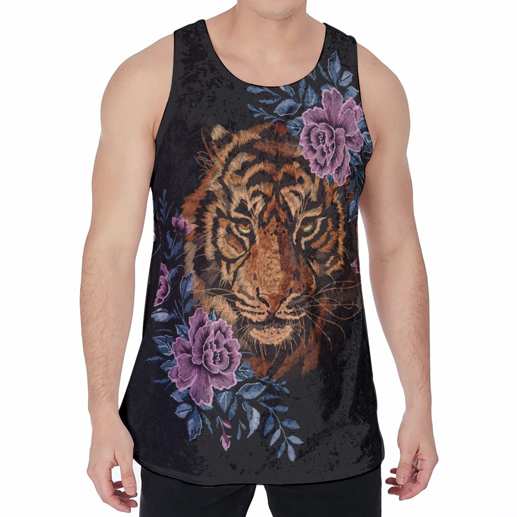 Embroidery Tiger And Flower Print Men's Velvet Tank Top
