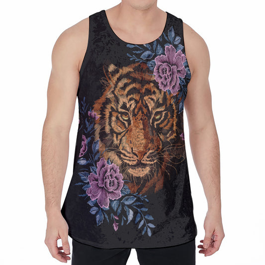 Embroidery Tiger And Flower Print Men's Velvet Tank Top