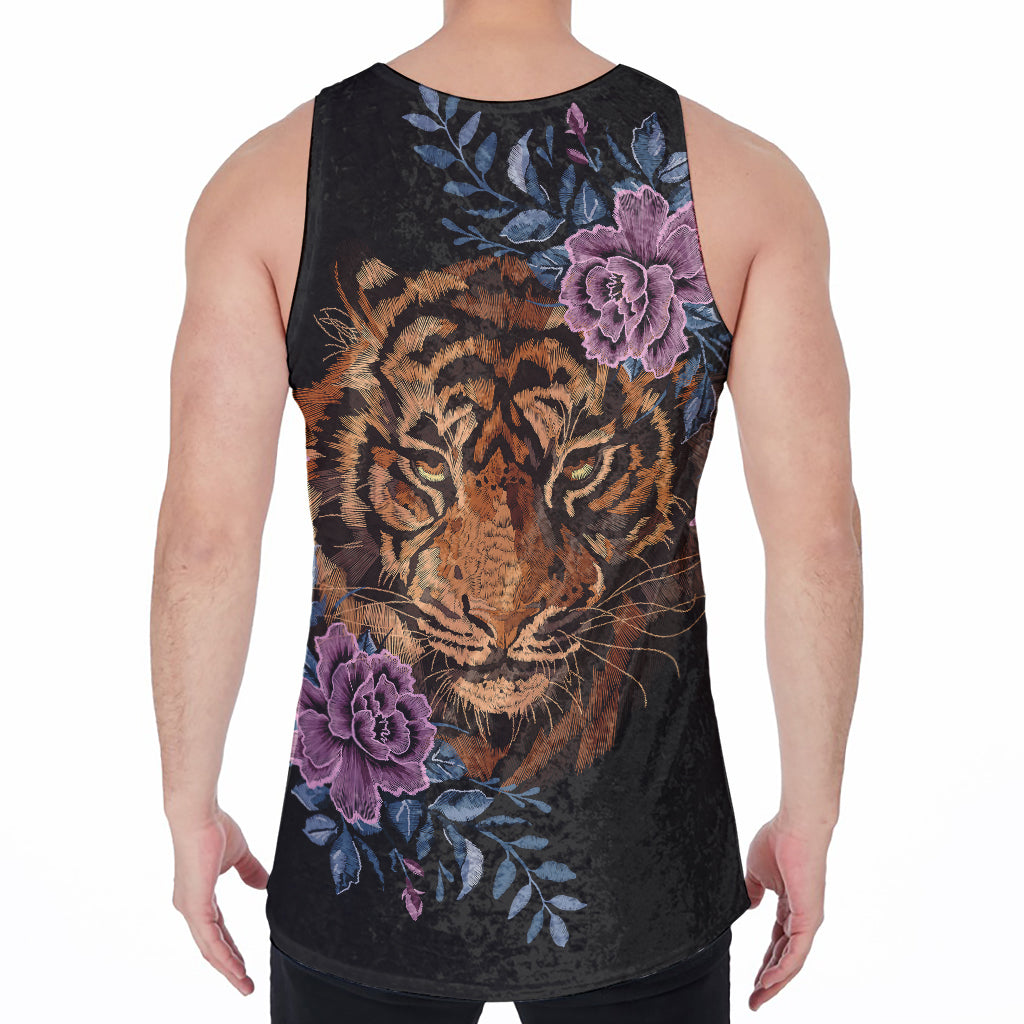 Embroidery Tiger And Flower Print Men's Velvet Tank Top