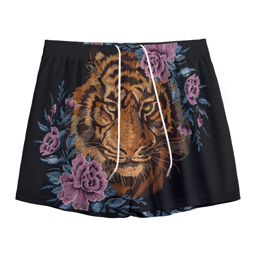 Embroidery Tiger And Flower Print Mesh Shorts