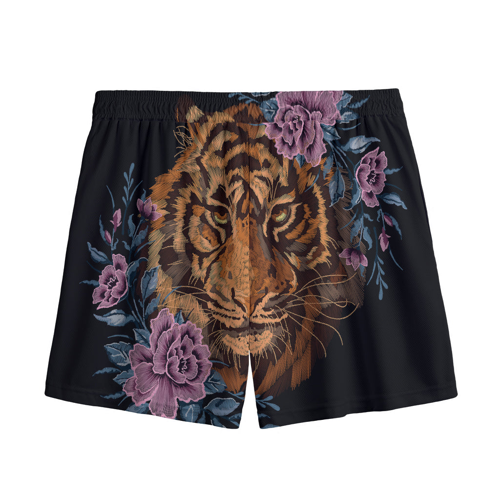 Embroidery Tiger And Flower Print Mesh Shorts