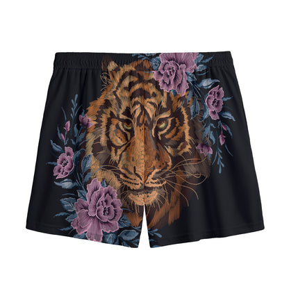 Embroidery Tiger And Flower Print Mesh Shorts