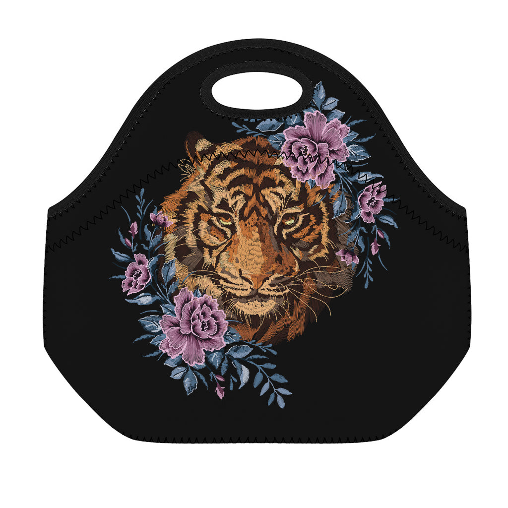 Embroidery Tiger And Flower Print Neoprene Lunch Bag