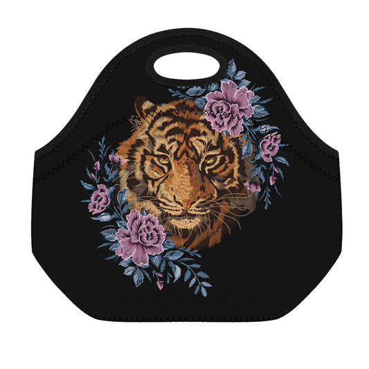 Embroidery Tiger And Flower Print Neoprene Lunch Bag