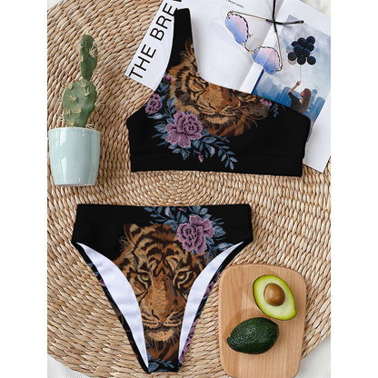 Embroidery Tiger And Flower Print One Shoulder Bikini Top