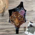 Embroidery Tiger And Flower Print One Shoulder Bodysuit