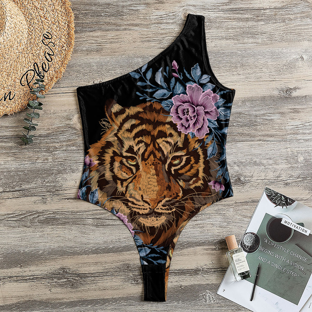 Embroidery Tiger And Flower Print One Shoulder Bodysuit
