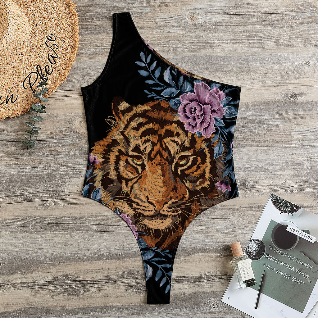 Embroidery Tiger And Flower Print One Shoulder Bodysuit