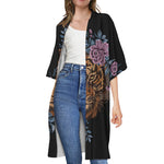 Embroidery Tiger And Flower Print Open Front Beach Cover Up