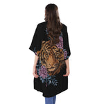 Embroidery Tiger And Flower Print Open Front Beach Cover Up