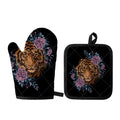 Embroidery Tiger And Flower Print Oven Mitt And Pot Holder Set