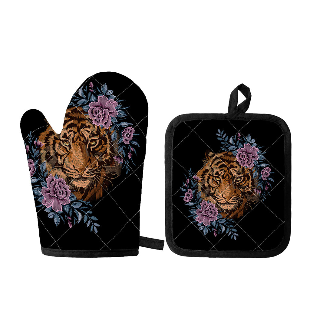 Embroidery Tiger And Flower Print Oven Mitt And Pot Holder Set