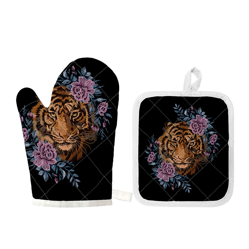 Embroidery Tiger And Flower Print Oven Mitt And Pot Holder Set