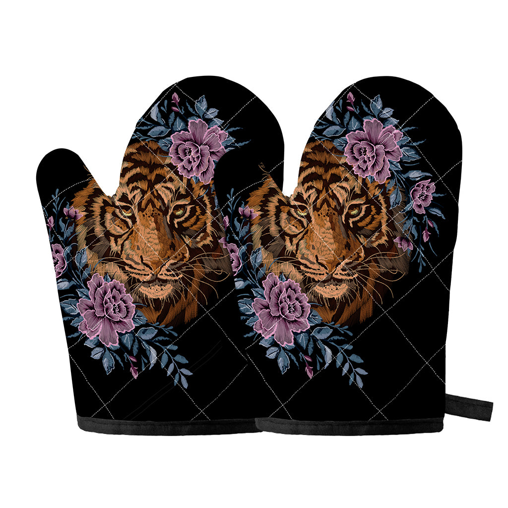 Embroidery Tiger And Flower Print Oven Mitts