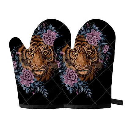 Embroidery Tiger And Flower Print Oven Mitts