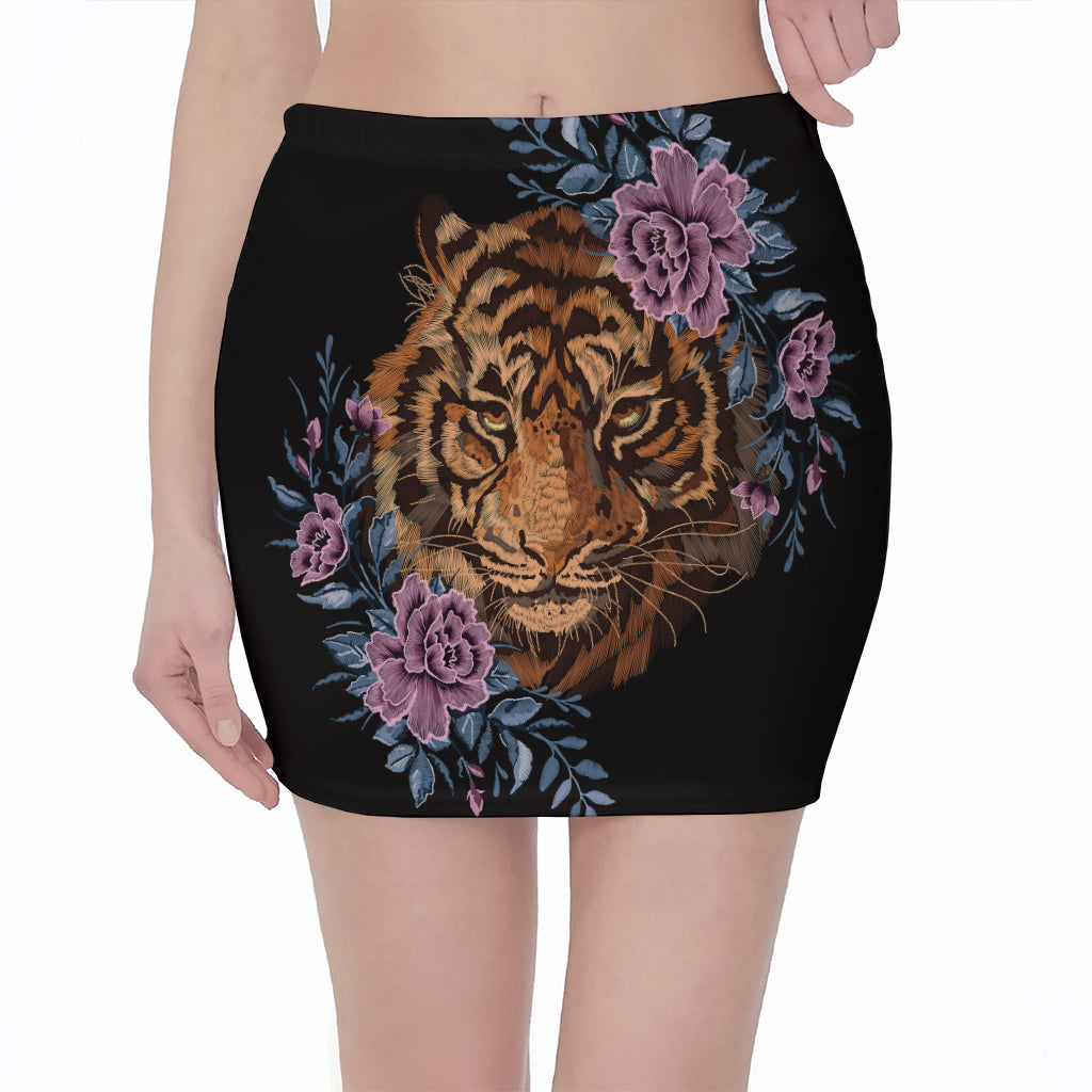 Embroidery Tiger And Flower Print Pencil Mini Skirt