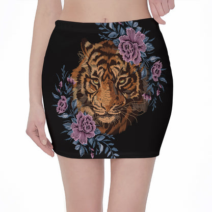 Embroidery Tiger And Flower Print Pencil Mini Skirt