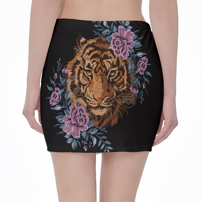 Embroidery Tiger And Flower Print Pencil Mini Skirt