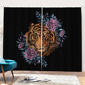 Embroidery Tiger And Flower Print Pencil Pleat Curtains