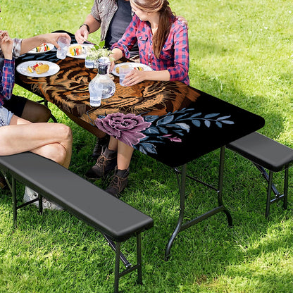 Embroidery Tiger And Flower Print Picnic Table Cover