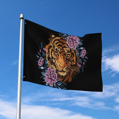Embroidery Tiger And Flower Print Polyester Flag