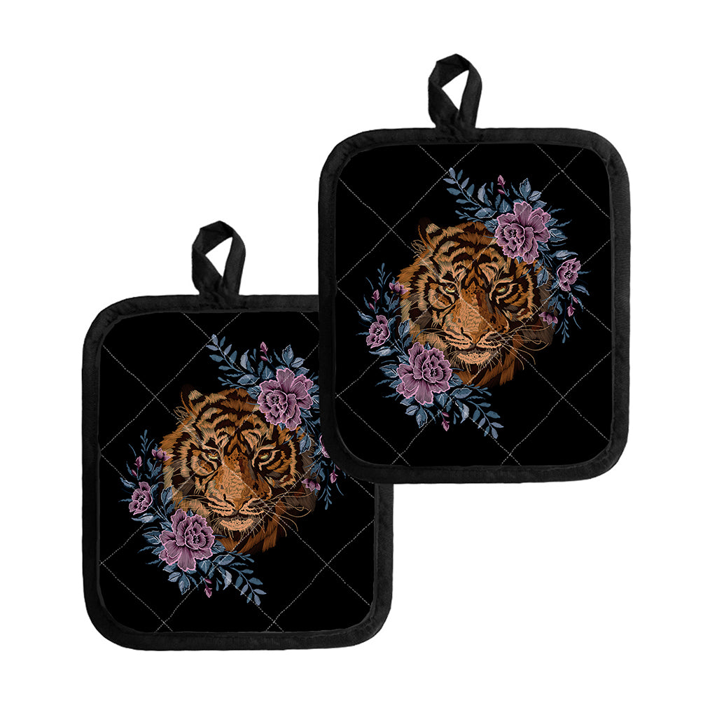 Embroidery Tiger And Flower Print Pot Holders