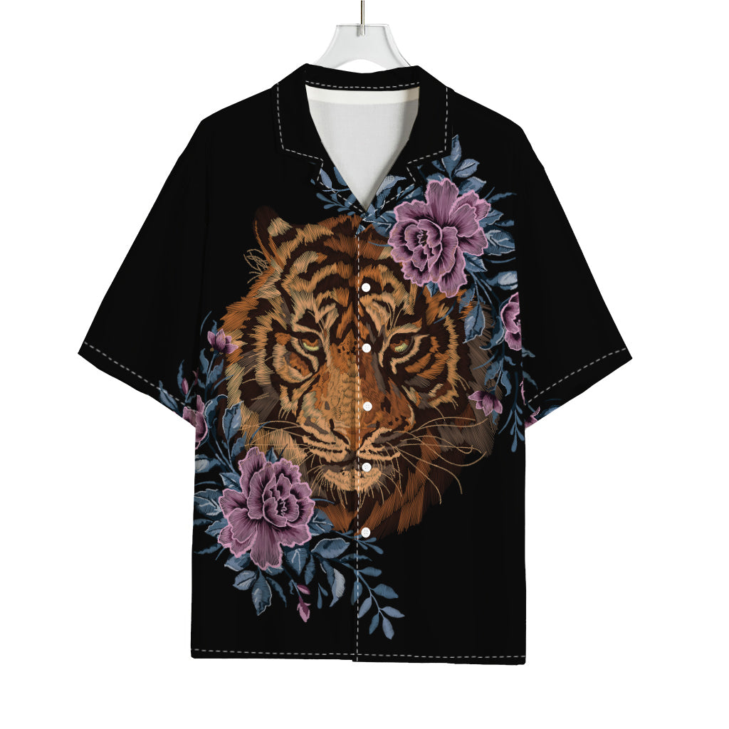 Embroidery Tiger And Flower Print Rayon Hawaiian Shirt