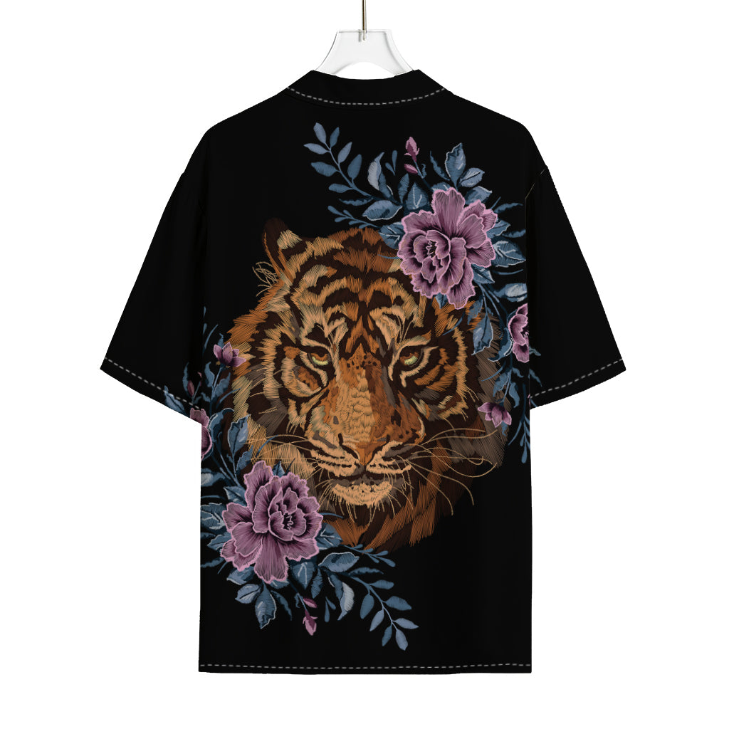 Embroidery Tiger And Flower Print Rayon Hawaiian Shirt
