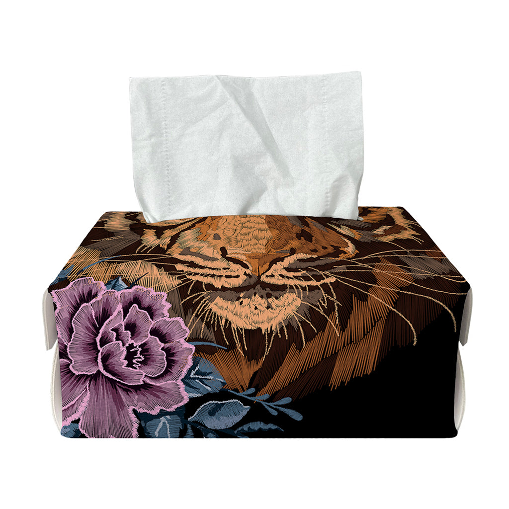 Embroidery Tiger And Flower Print Rectangle Tissue Box Cover