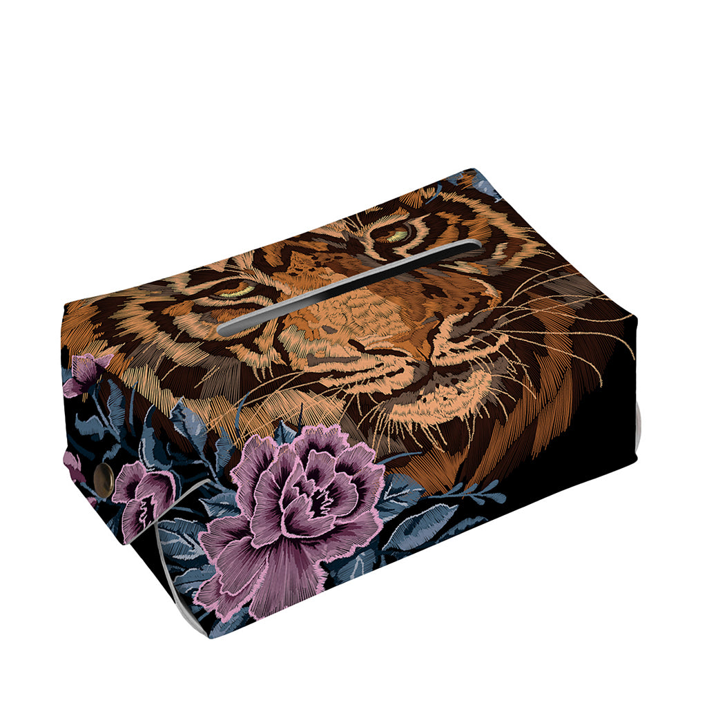 Embroidery Tiger And Flower Print Rectangle Tissue Box Cover