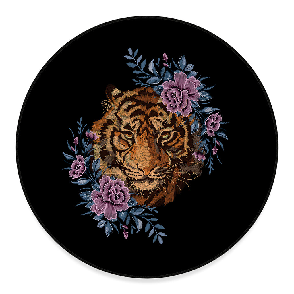 Embroidery Tiger And Flower Print Round Floor Mat