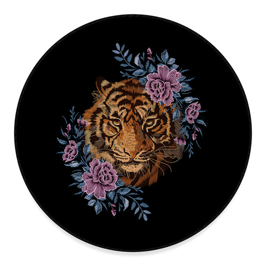 Embroidery Tiger And Flower Print Round Floor Mat