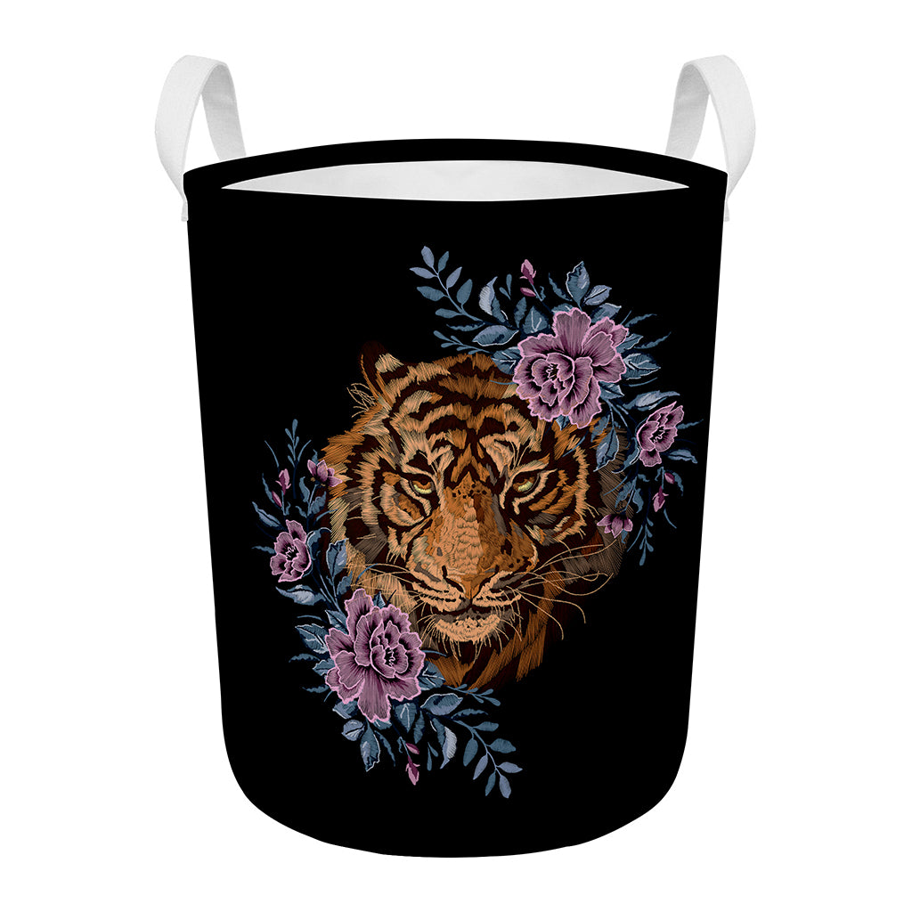 Embroidery Tiger And Flower Print Round Laundry Basket