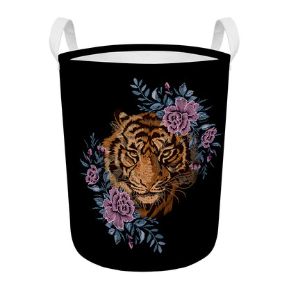 Embroidery Tiger And Flower Print Round Laundry Basket