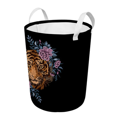 Embroidery Tiger And Flower Print Round Laundry Basket