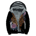 Embroidery Tiger And Flower Print Sherpa Lined Zip Up Hoodie
