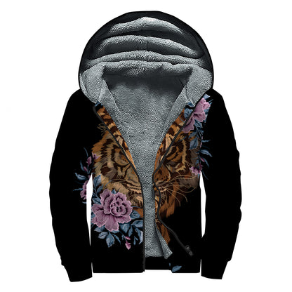 Embroidery Tiger And Flower Print Sherpa Lined Zip Up Hoodie