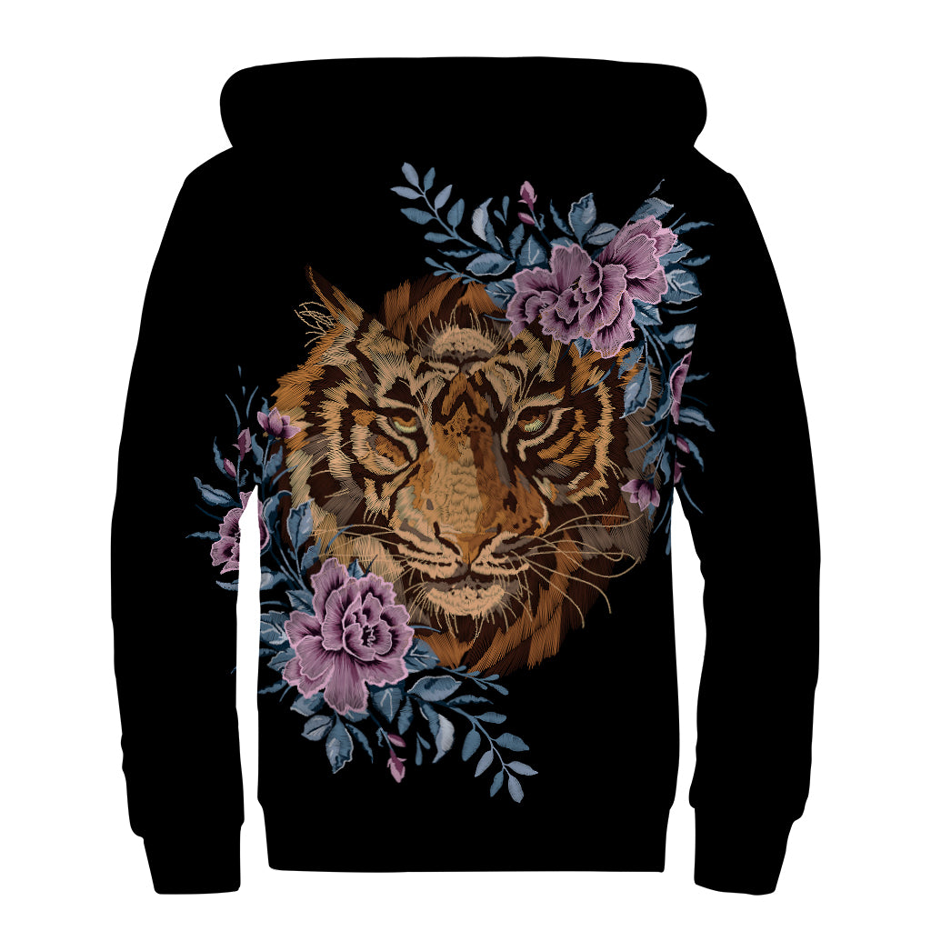 Embroidery Tiger And Flower Print Sherpa Lined Zip Up Hoodie