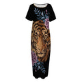 Embroidery Tiger And Flower Print Short Sleeve Long Nightdress